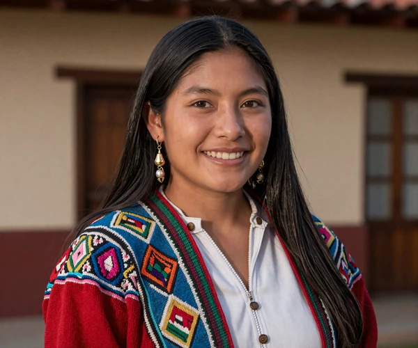 Beautiful Ecuadorian woman with warm smile showcasing traditional Andean beauty and family values